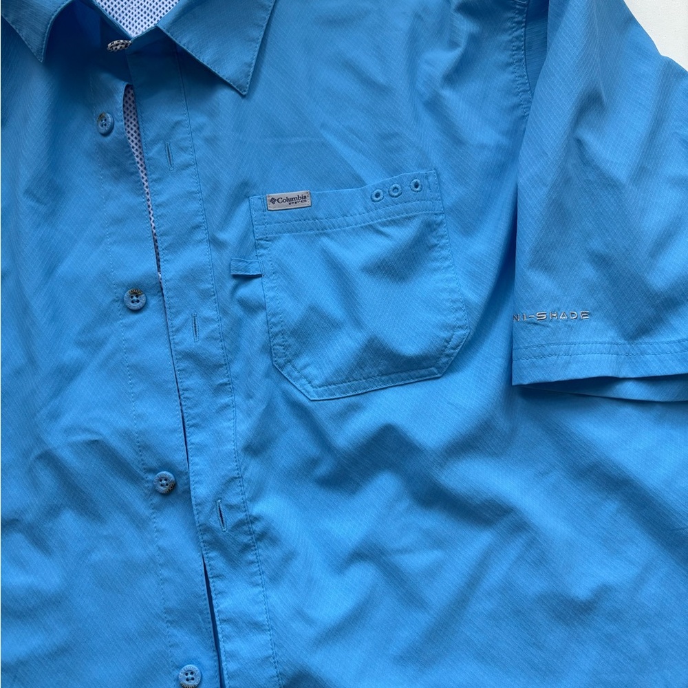 Columbia Men’s Omni-Shade Short Sleeve Button Down Shirt Blue Size XXL Tall - Picture 2 of 10